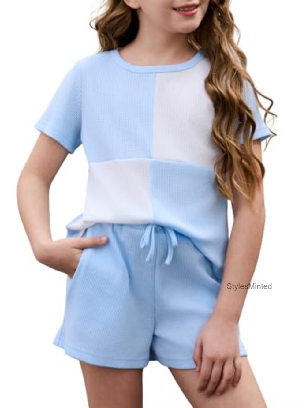 Girls Summer 2-Piece Short Set Waffle Knit Colorblock Outfit Tee Shorts